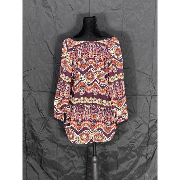 Women's Boho Peasant Blouse Purple Paisley Floral Long Sleeve Tassel Top Size XL - Picture 2 of 9